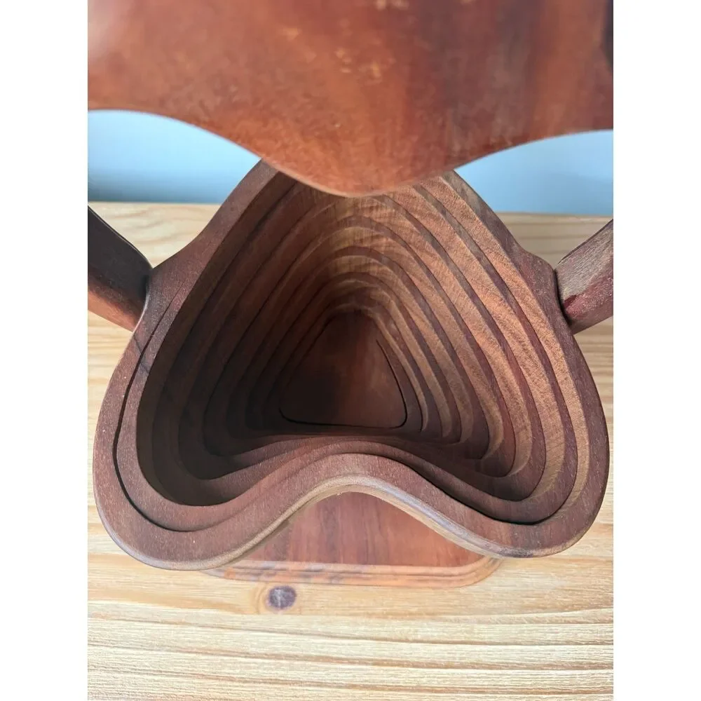 Vintage Artisan Carved Wood Folding Collapsible Heart Shaped Bowl Basket